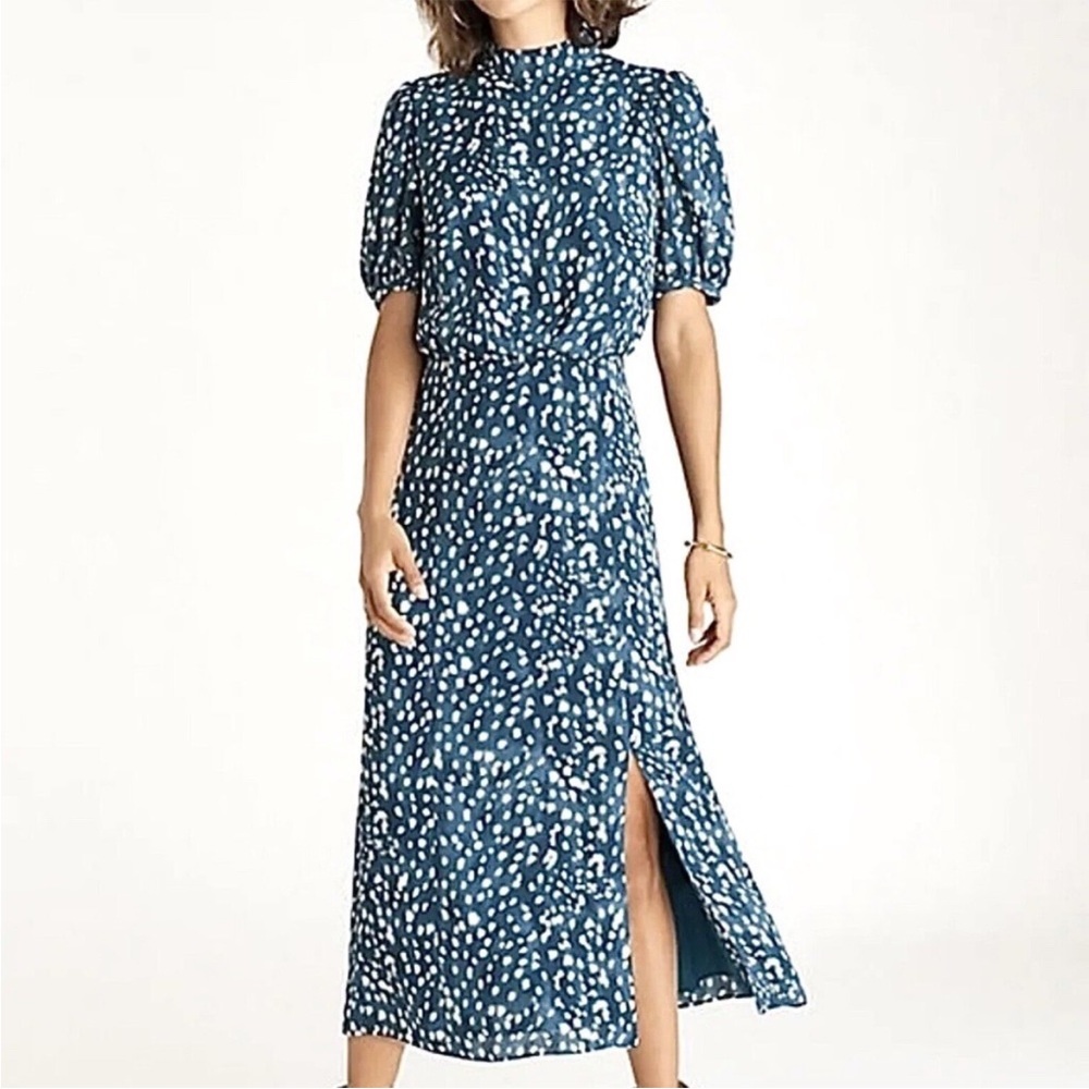 Ann Taylor Blue and White Printed Midi Dress with Side Slit